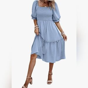 Blue Puff Sleeve Square Neck A-line Flowy Smocked Midi Dress